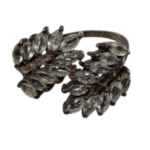 Elegant 925 Silver Leaf Ring Rhinestone Crystals Size 6 Boho Nature